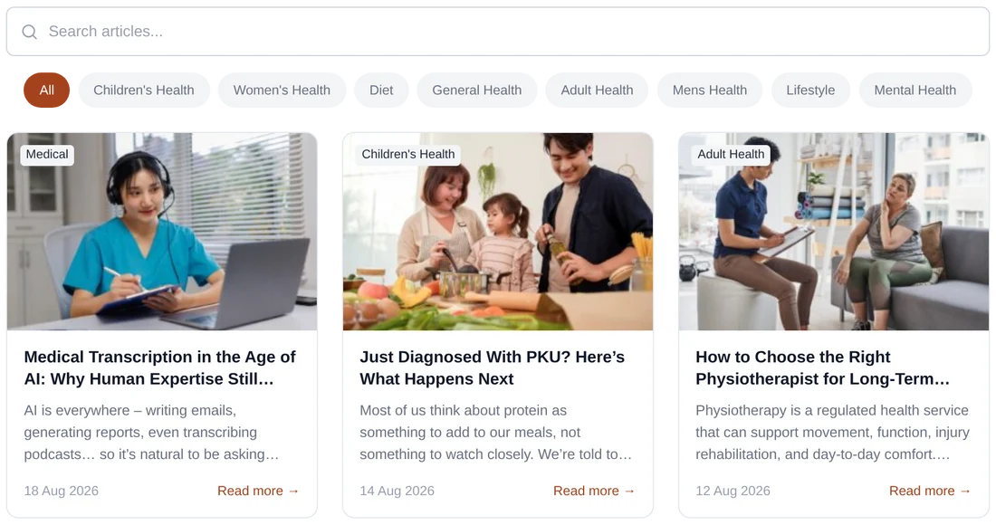 The hub's article search and category filters above a row of health articles