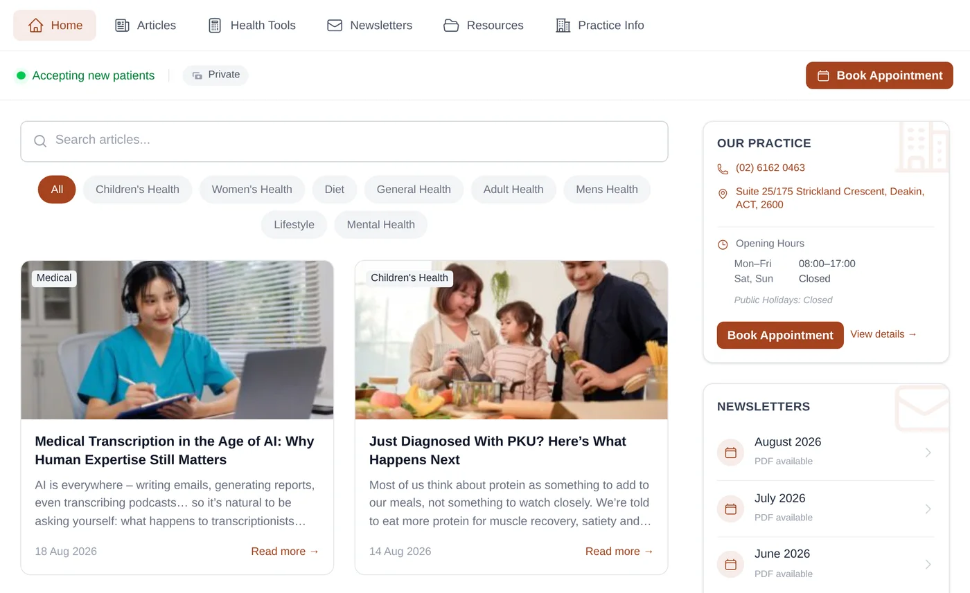 The hub's home view sitting inside a practice's own website, with the practice card alongside the articles