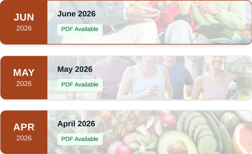 The hub's newsletters panel: this month's edition and the two before it, each with a PDF ready
