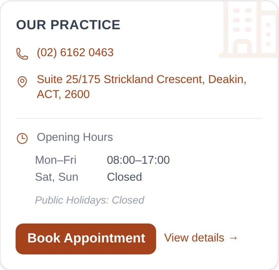 The hub's practice card: phone number, address, opening hours and a Book Appointment button