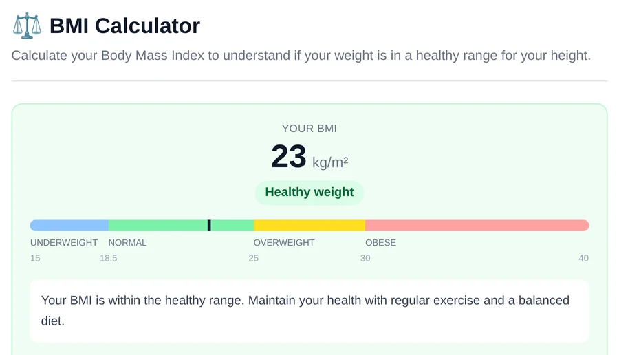 The hub's BMI calculator showing a result of 23, in the healthy range, on a colour scale