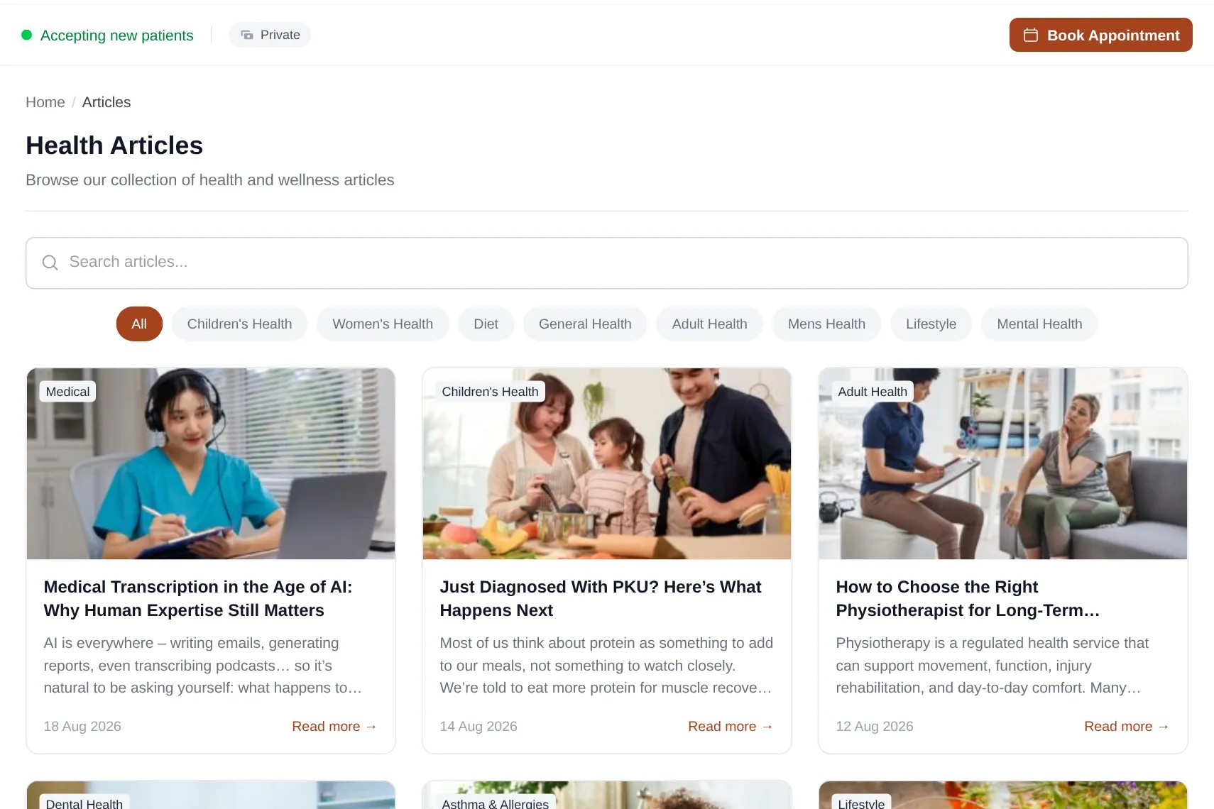 The hub's Health Articles view, with search, category filters and article cards