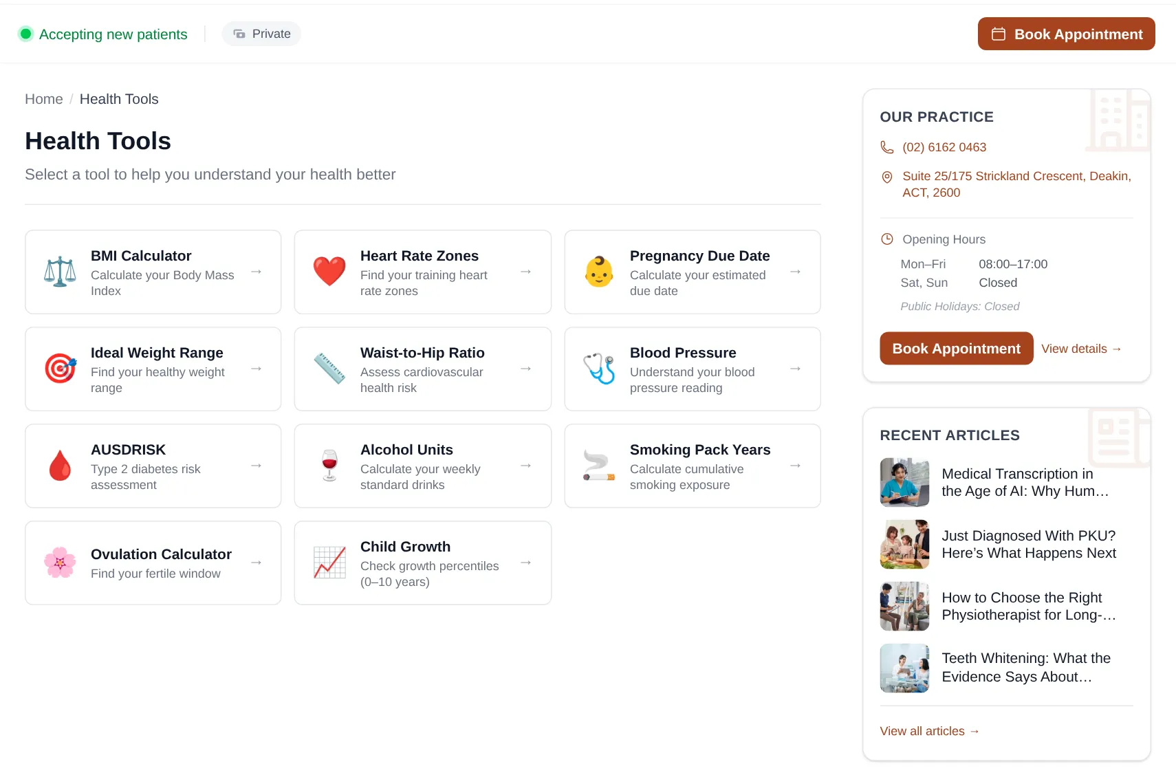 The hub's Health Tools view, listing its eleven calculators