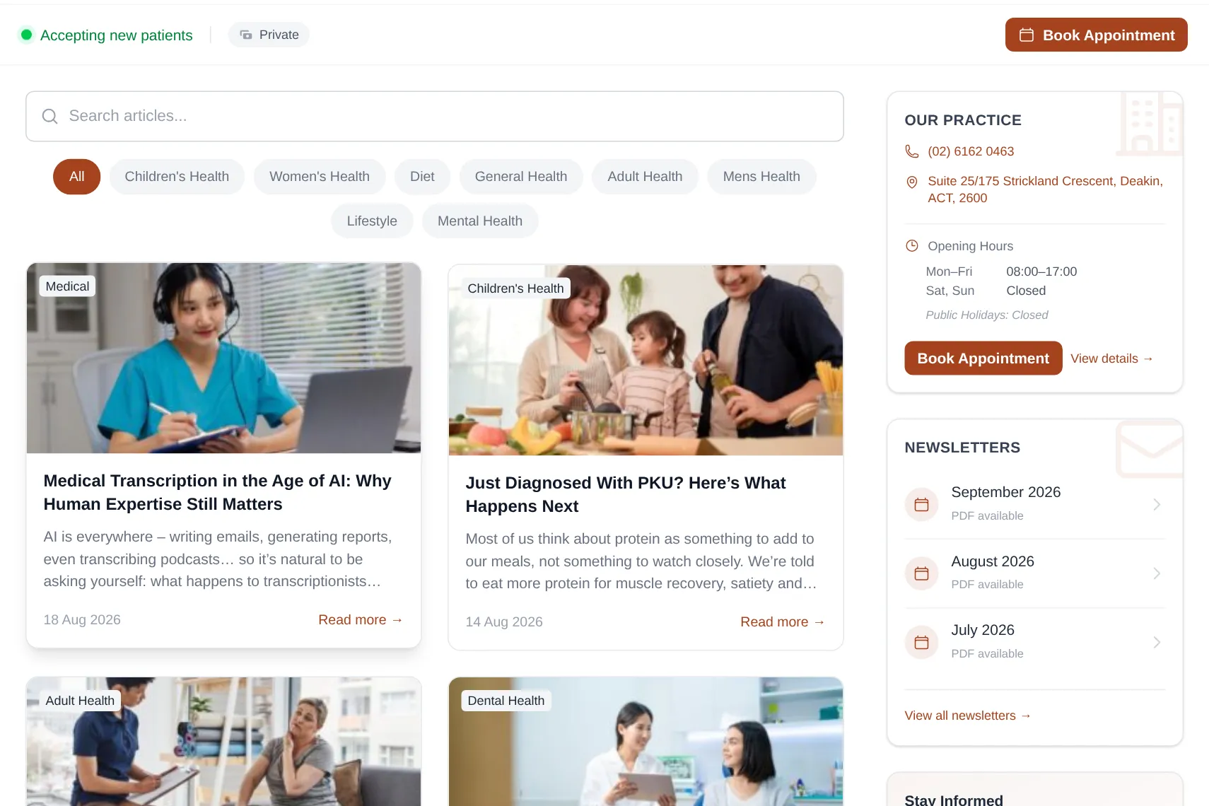 The Patient Hub's home view on Annie Lim Family Practice's website: article search and categories, recent articles, the practice card and recent newsletters
