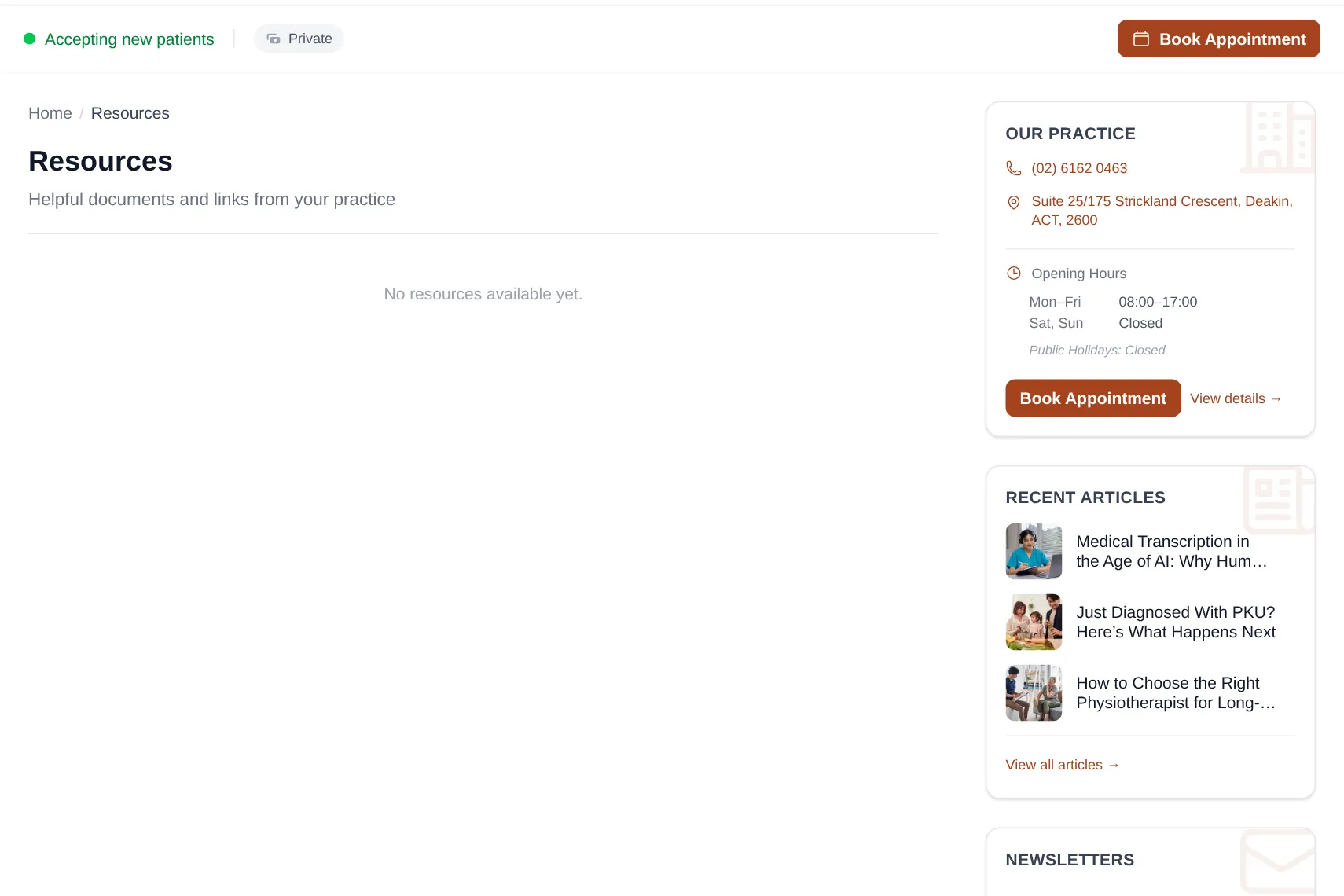 The hub's Resources view, where a practice lists its own documents and links