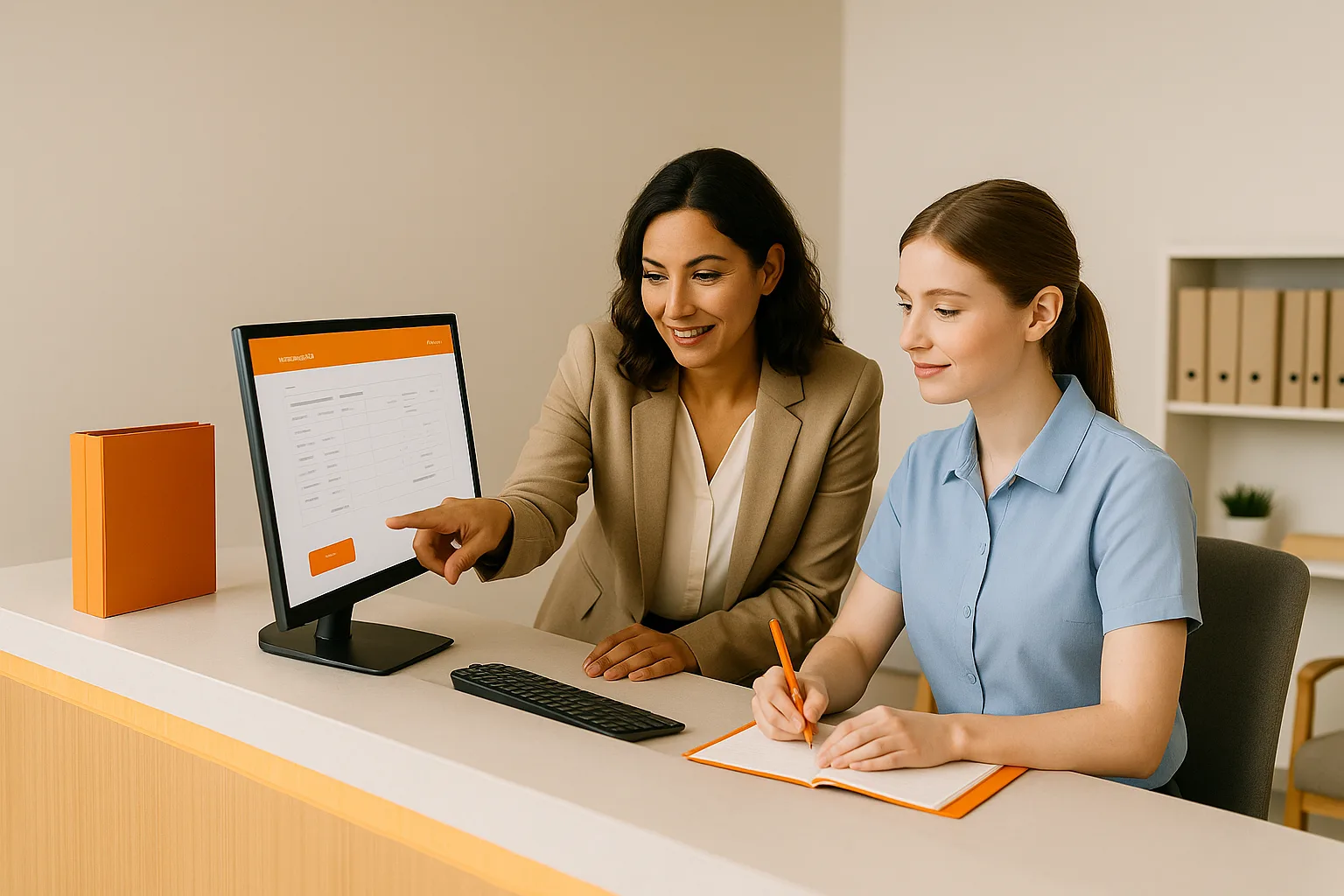 A practice manager points at a computer screen while a receptionist takes notes at the front desk