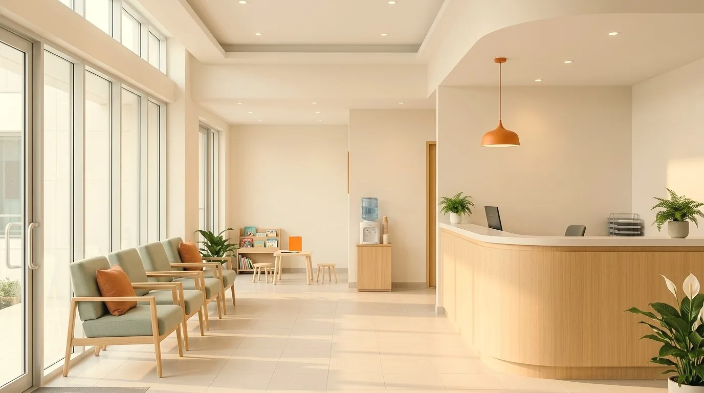 An empty waiting area with timber benches along tall windows and a curved reception desk