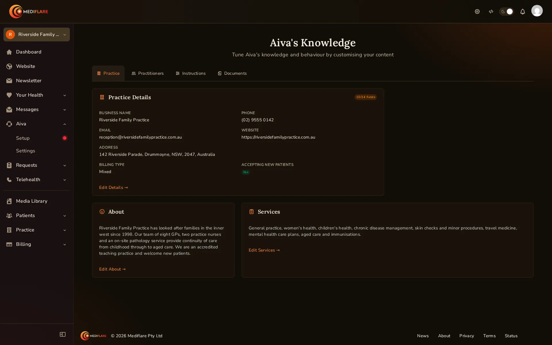 Aiva's Knowledge in the Mediflare app, showing the practice details, about and services that Aiva answers from.