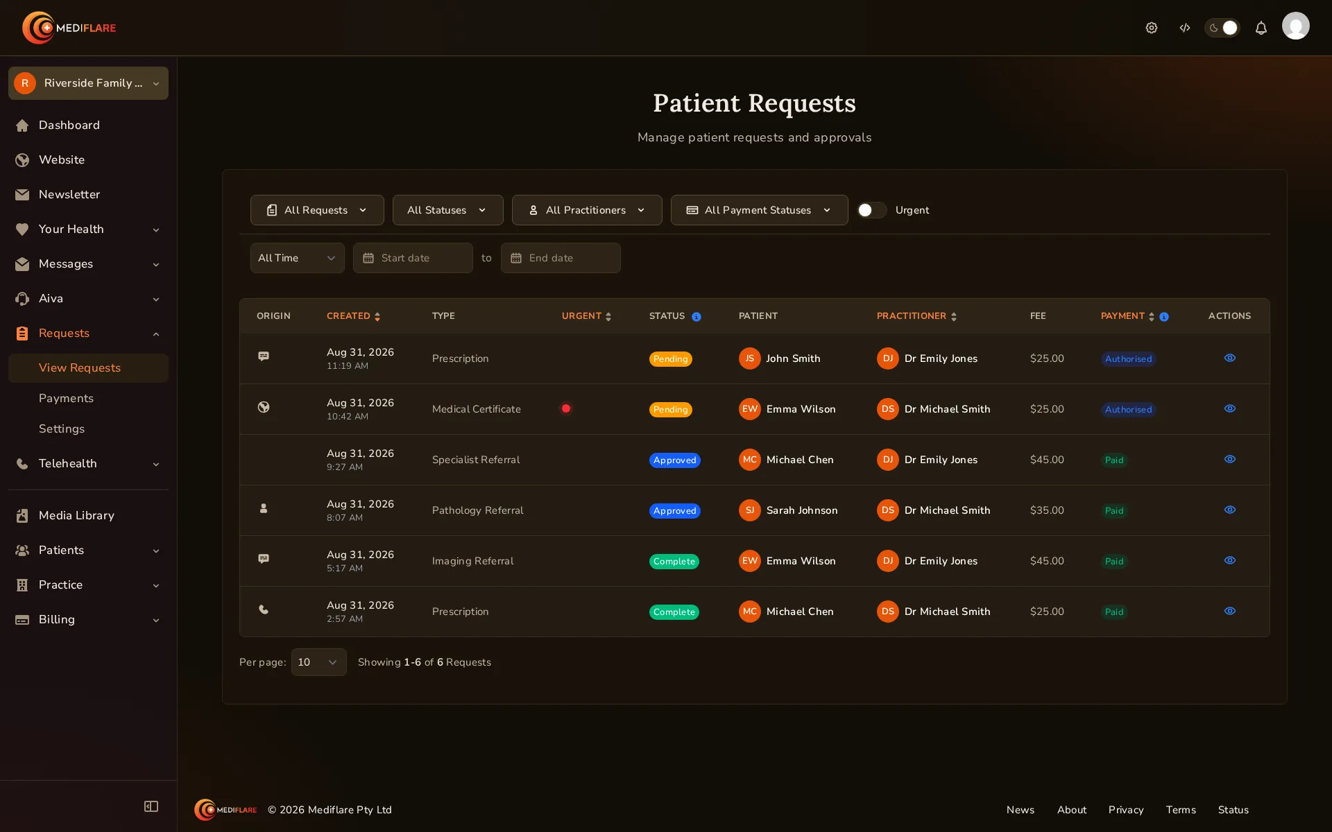 The patient requests list in the Mediflare app, showing prescription and referral requests with status, practitioner, fee and payment state.