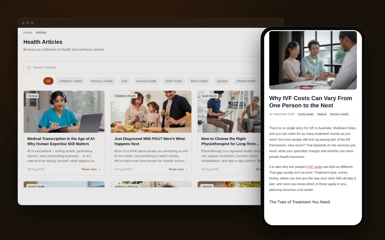 A short health article from the hub open on a phone, beside the hub's article library