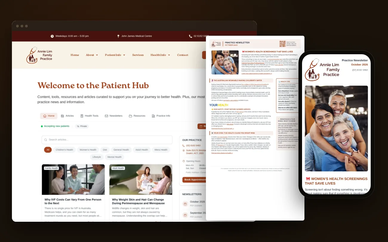 The same edition three ways: the Patient Hub on the practice website, the printed newsletter, and the email on a phone