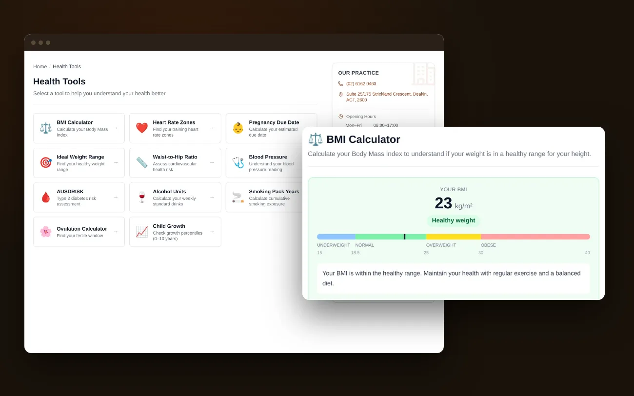 The hub's health tools, with the BMI calculator open and showing a result in the healthy range