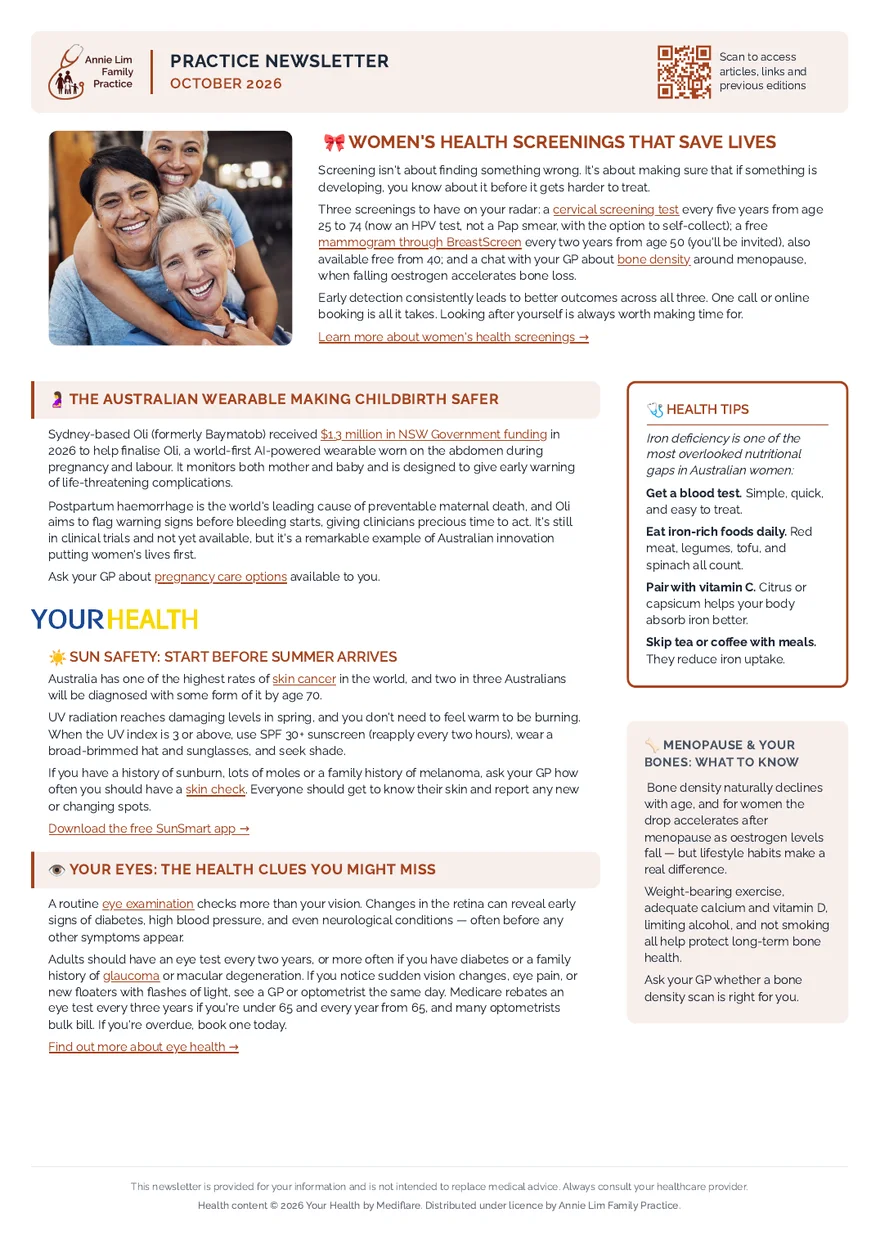 Annie Lim Family Practice's October 2026 practice newsletter as printed: the practice's logo across the top, a lead article with a photo, three more articles and a health tips panel.