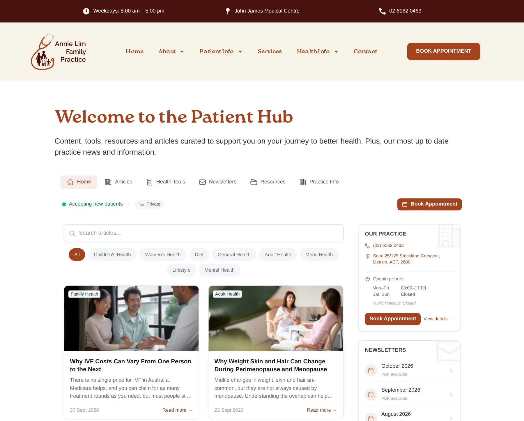 The Patient Hub on Annie Lim Family Practice's website, under the practice's own header: the hub's tabs, article search and categories, health articles and the practice card.