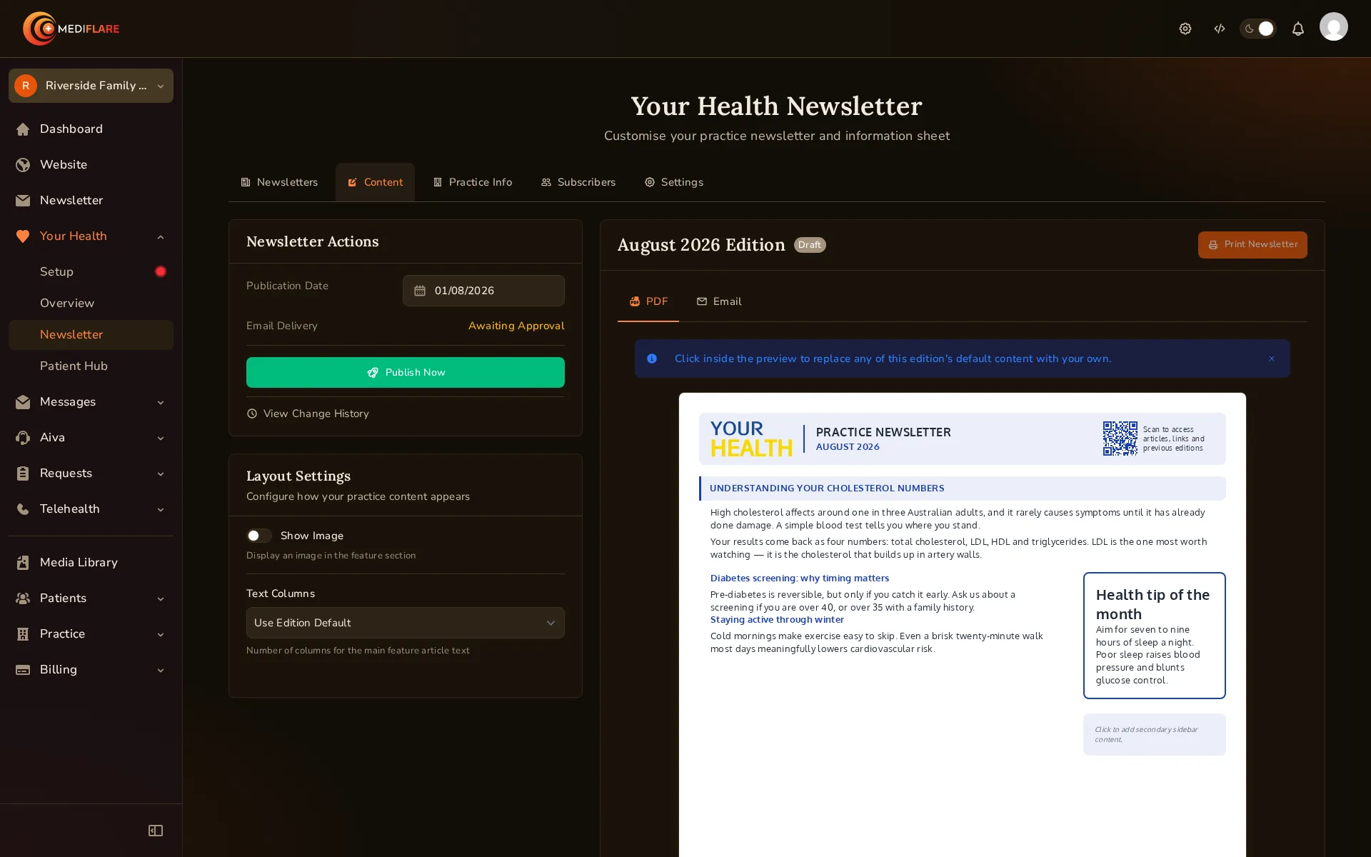 The newsletter editor in the Mediflare app, showing publication date and publish controls, layout settings, and a live preview of the August 2026 edition beside them.