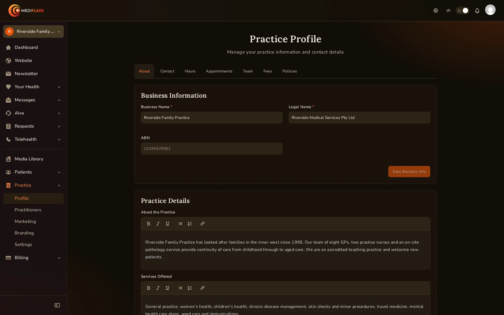 The Practice Profile screen in the Mediflare app, with the practice's business name, legal name and description filled in, and tabs for contact details, opening hours, appointments, team, fees and policies.